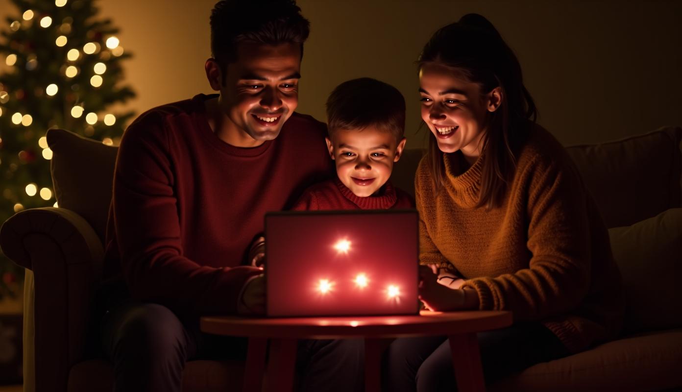Familiehygge ved laptopskærm med lys